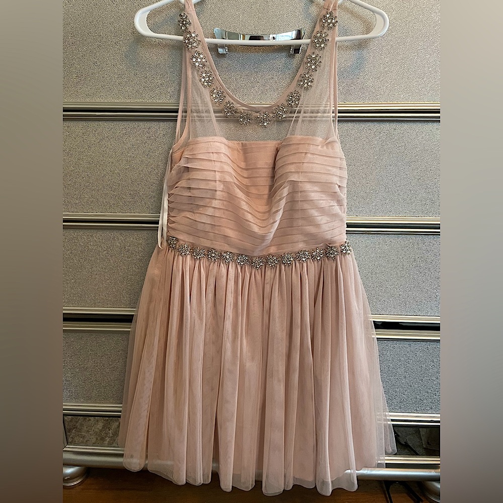 Formal dusty pink/rose dress, beaded neckline & waist, sz 11, city triangles